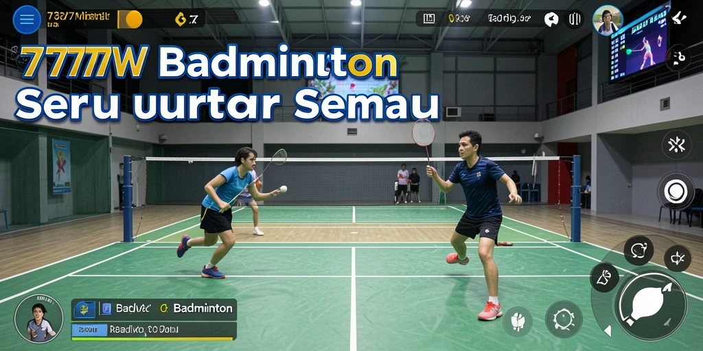 Screenshot antarmuka 7777W yang menampilkan aksi Badminton penuh semangat.