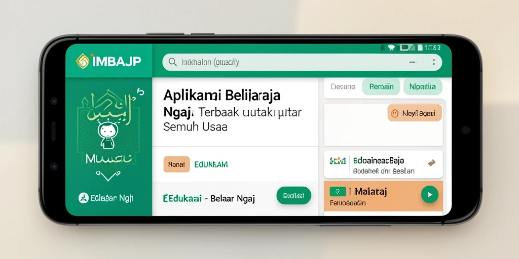 Screenshot IMBAJP menunjukkan antarmuka pembelajaran Belajar Ngaji yang interaktif.